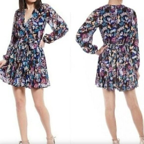 NEW NWT BELLE BADGLEY MISCHKA Alison V-Neck Garden Dress Purple Blue Floral US 4 - Picture 3 of 12